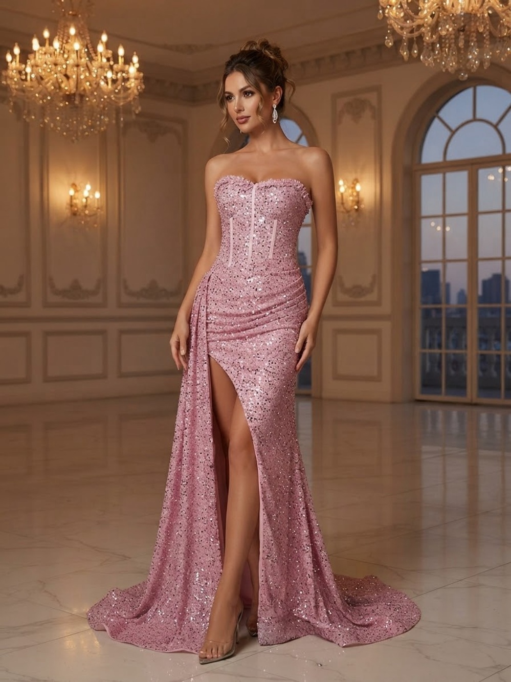 Stunning Sparkly Pink Sequin Corset Prom Dress with Train - Size S / M (NWT)